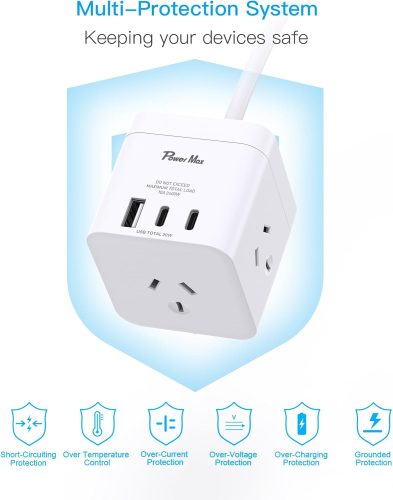 3 Way Desktop Power Cube 3 USB Ports Specs Image
