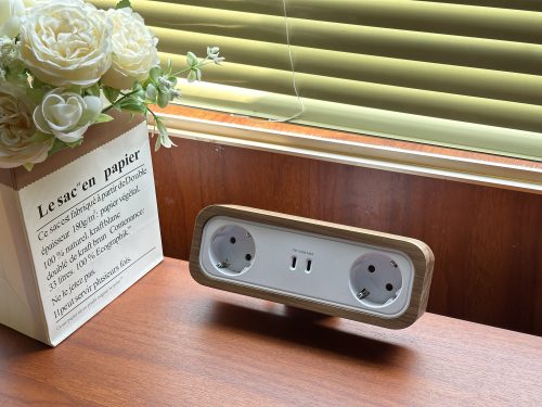 Desk Clamp Mounted Power Module with Wood Shell Finish Specs Image